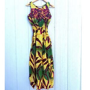 African veritable wax hitarget print yellow green floral smocked maxi dress